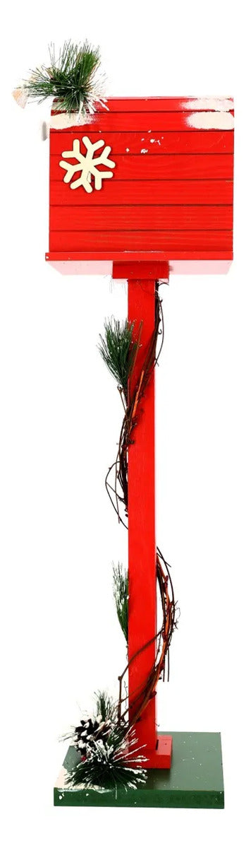 Buzón Navideño De Madera Rojo Con Pino Nevado 77 Cm
