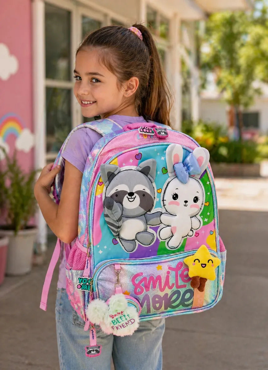 Mochila Lluvia Con Mapache 3d Conejita Y Monedero Plush