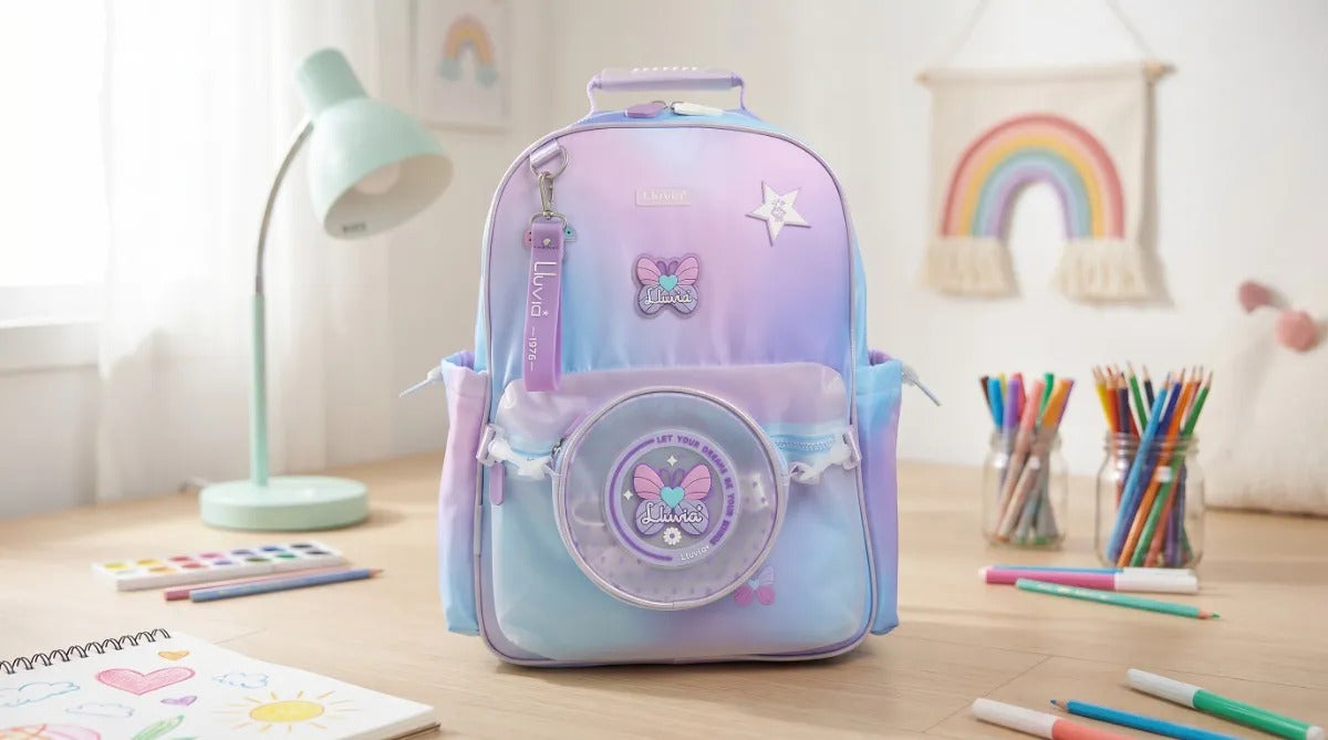 Mochila Juvenil Lluvia Lila Difuminado Con Bolsita Incluida