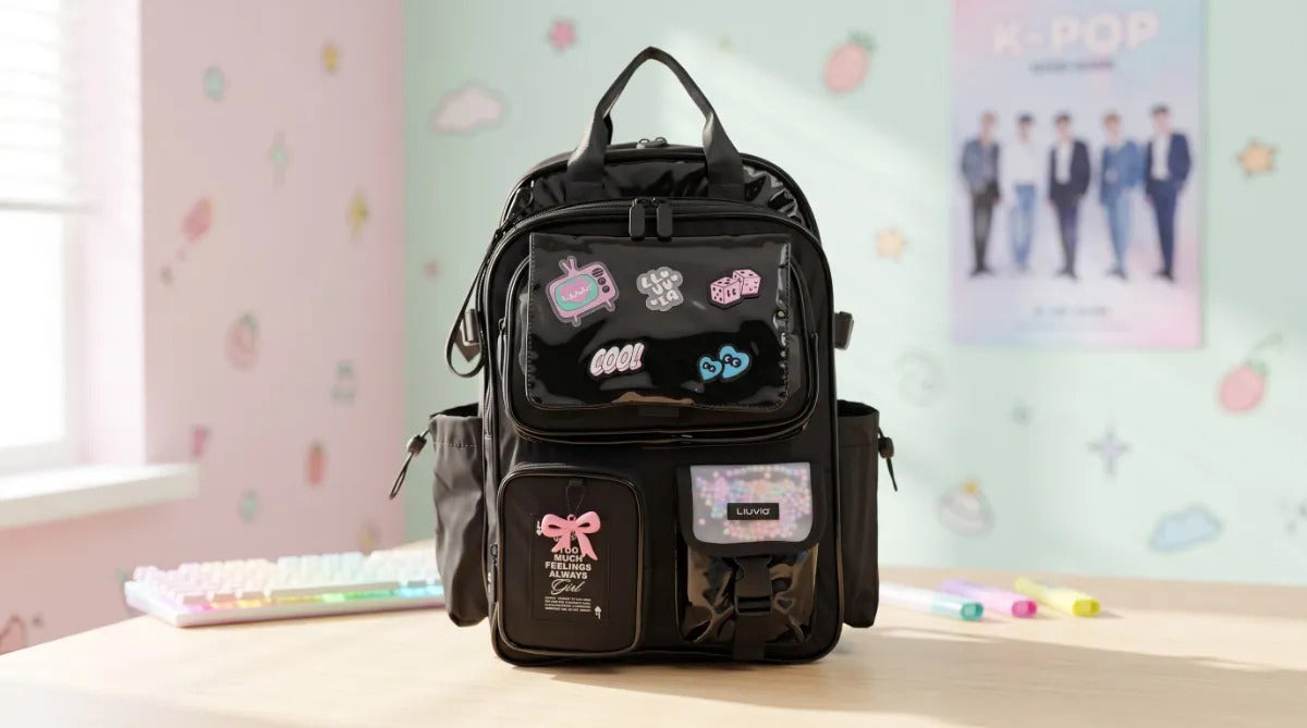 Mochila Lluvia Juvenil Negra Satinado Estilo Kawaii Urbana