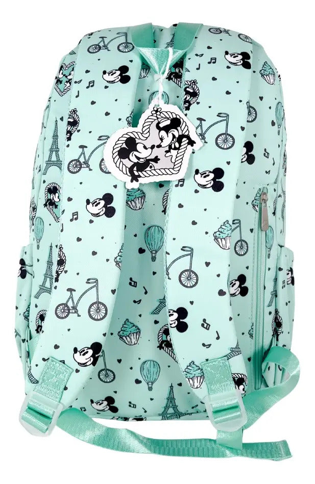 Mochila Escolar Lluvia Mickey Mouse 20l Turquesa Con Bolsillo Botella Estampado