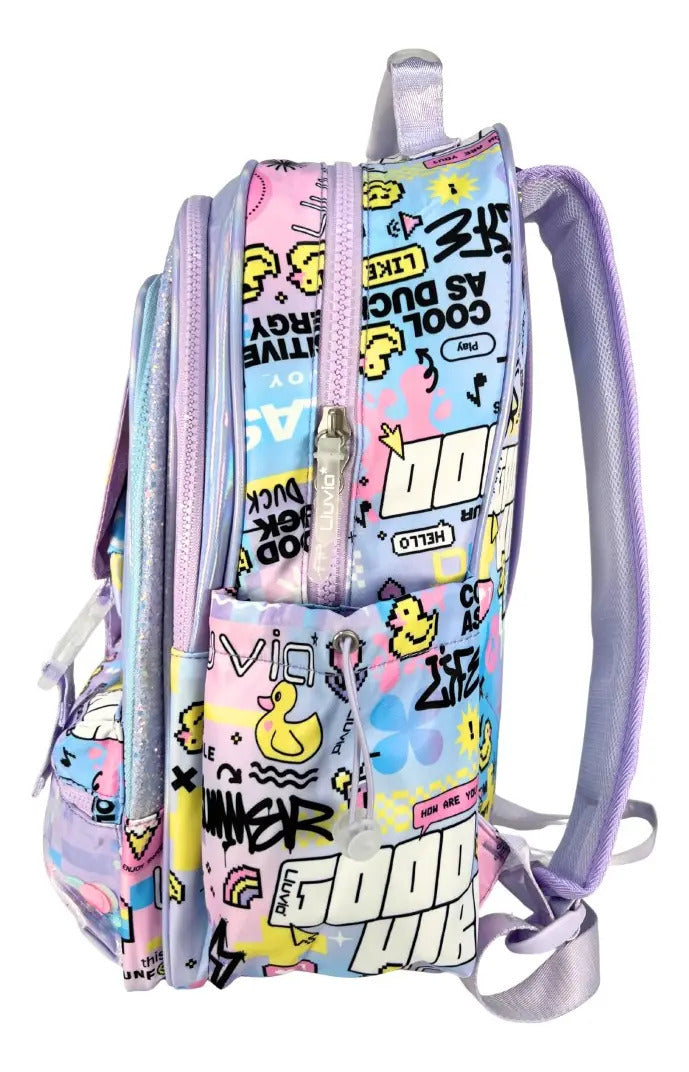 Mochila Escolar Lluvia Lavanda Primaria Con Pines Decorativos Patitos Geométrico