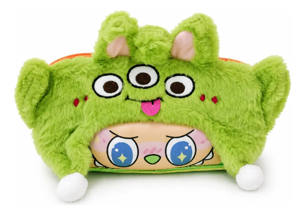 Lapicera Escolar Monster Afelpada Triple Cierre Color Verde