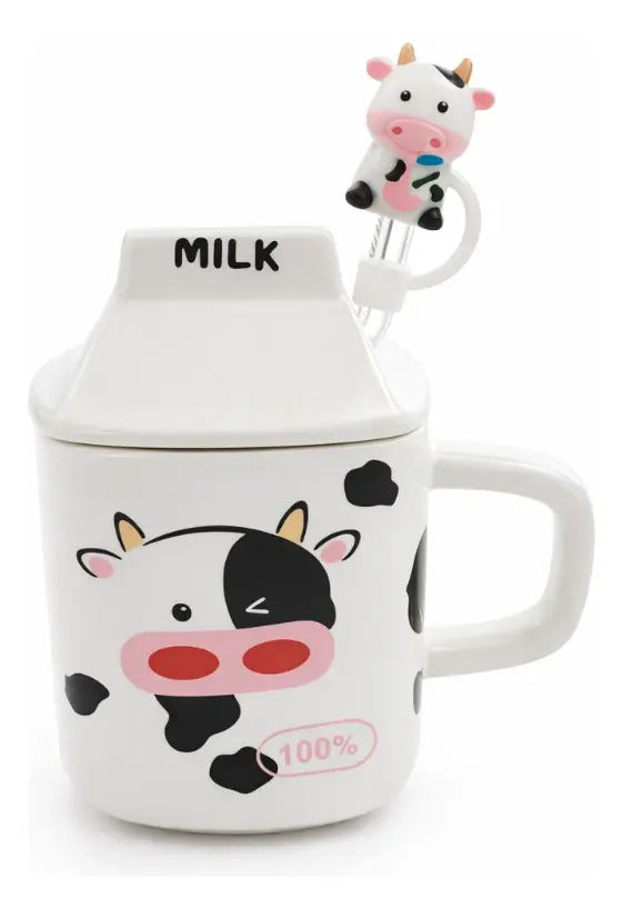 Taza Figura Caja De Leche Con Vaca Con Tapa Y Popote 330ml