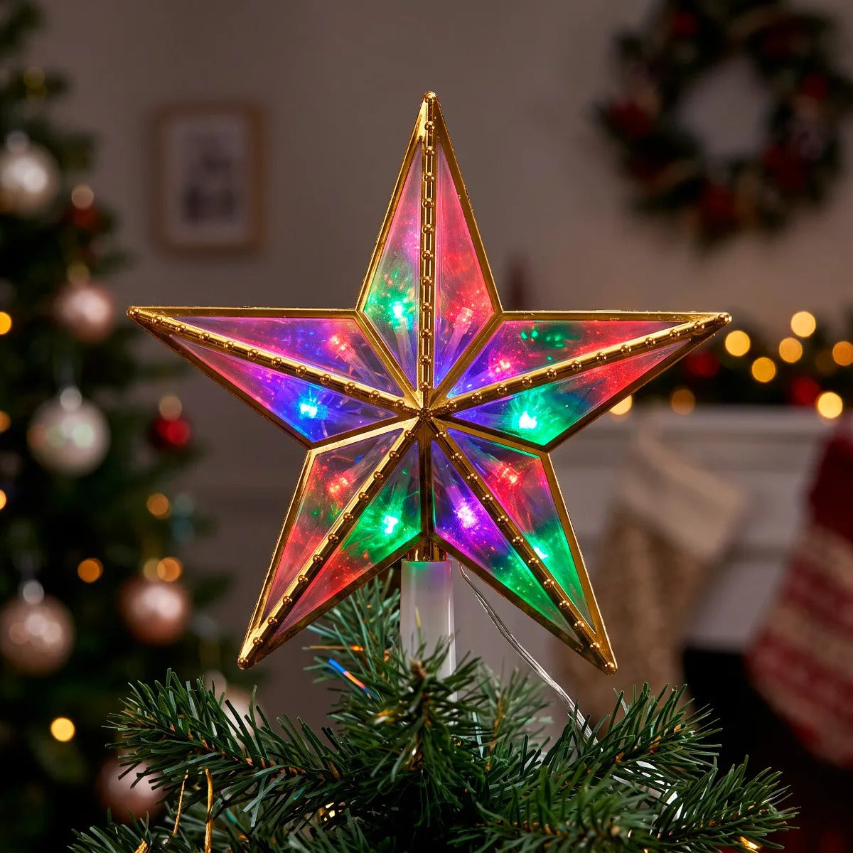 Punta de Árbol Lluvia Estrella Dorada Multicolor 16 Luces