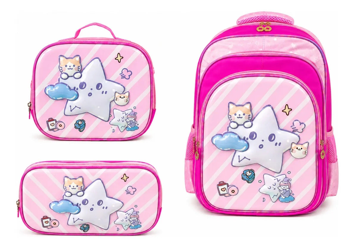 Set Escolar Tres Piezas Mochila Estrella Kawaii Rosa