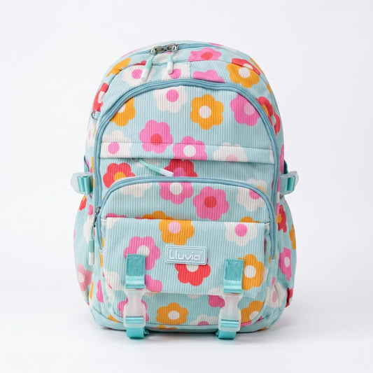 Mochila Juvenil Lluvia Floral Azul Con Compartimento Laptop
