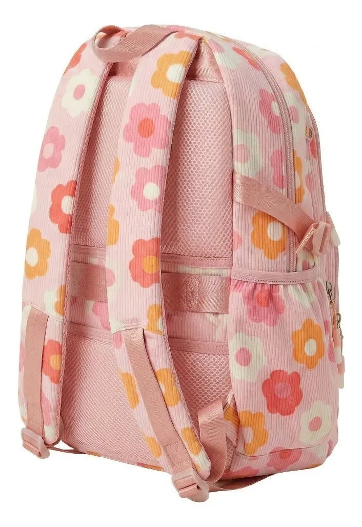Mochila Juvenil Lluvia Rosa Con Flores Con 6 Cierres