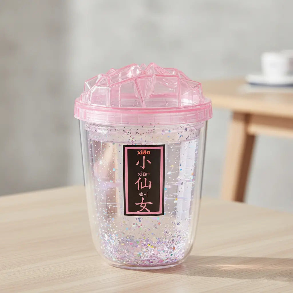 Vaso 450 Ml Con Glitter Suelto Tapa Hielo Diseño Creativo