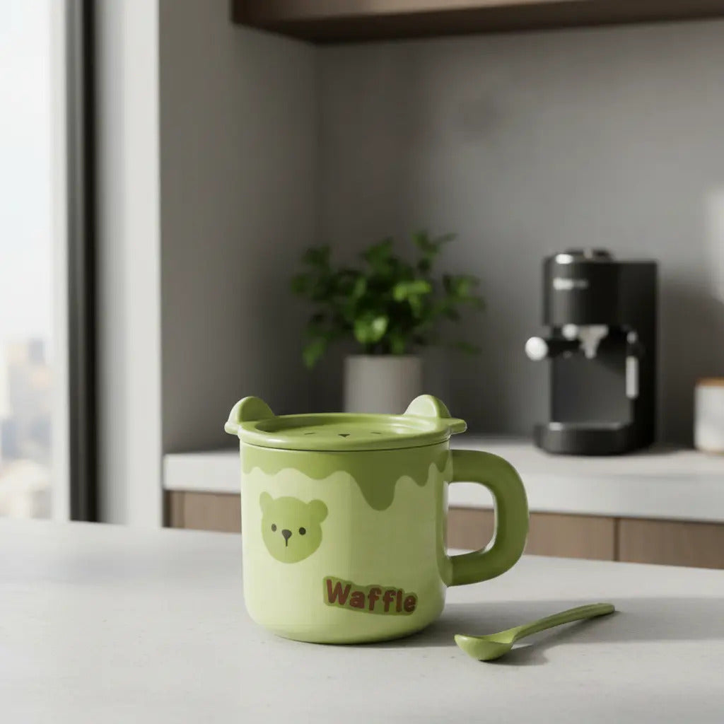 Taza Waffle De Oso Con Tapa Y Cuchara 500 Ml