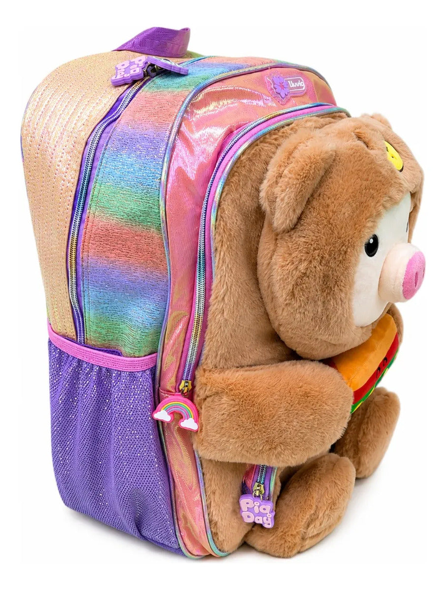 Mochila Escolar Lluvia Lila Puerquito Disfrazado De Osito