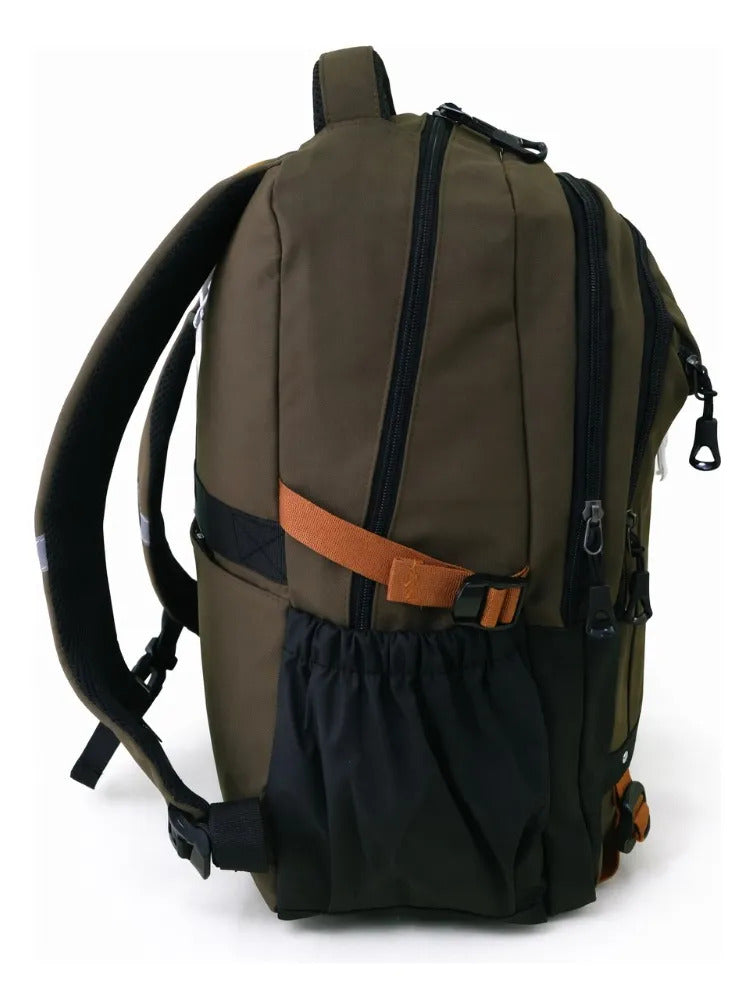 Mochila Juevenil Lluvia Verde Olivo Moderna Con Detalles Naranja