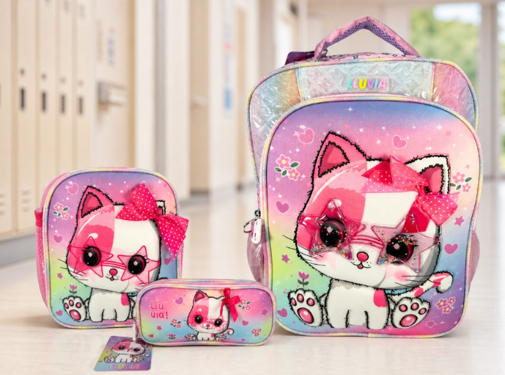 Mochila Primaria Set 3 Piezas Marca Lluvia Gato Con Lentes