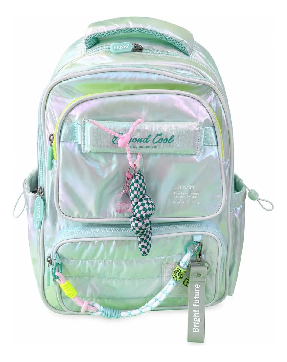 Mochila Escolar Lluvia Menta Tornasol Con Compartimiento Antirrobo