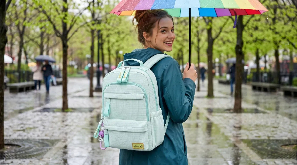 Mochila Juvenil Lluvia Diseño Cuadriculado Verde Menta