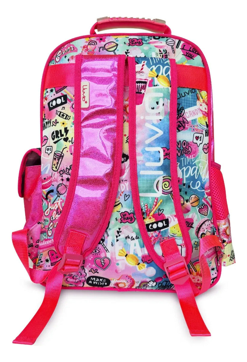 Mochila Escolar Lluvia Rosa Fucsia Llama Turquesa Brillante