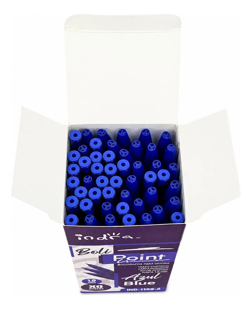 Plumas Indra Tinta Azul Punto Mediano 1.0 Mm 50 Piezas
