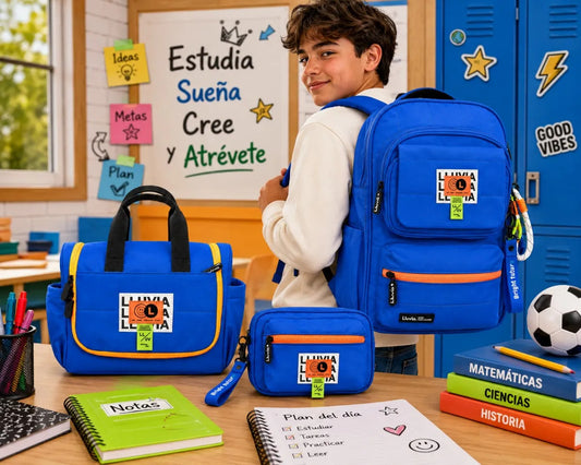 Set Mochila Juvenil Tres Piezas Lluvia Azul Eléctrico