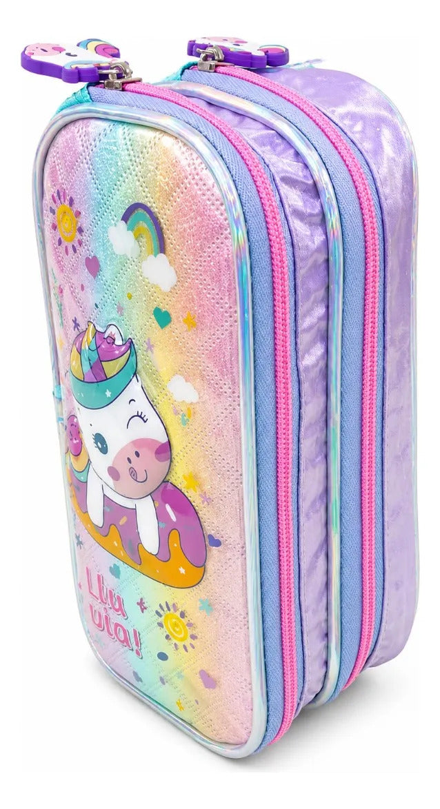Set Tres Piezas Lluvia Unicornio Lila Con Lonchera Lapicera