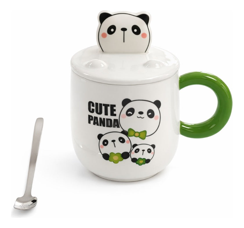 Taza Panda Kawaii Con Tapa Y Agitador Metálico 380ml