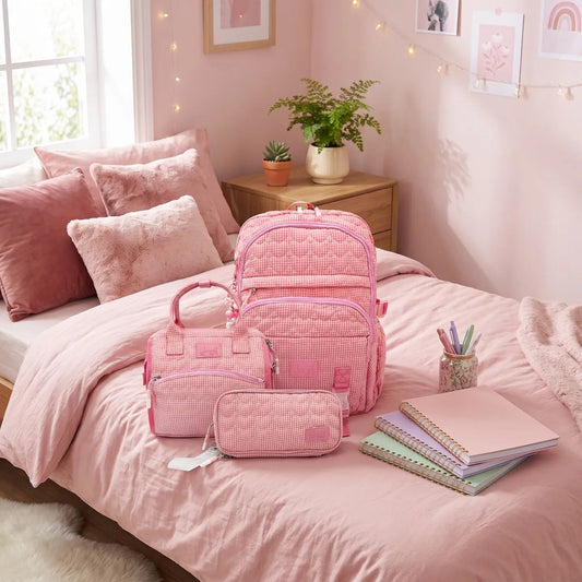 Set Escolar Lluvia Rosa con Diseño de Vichy