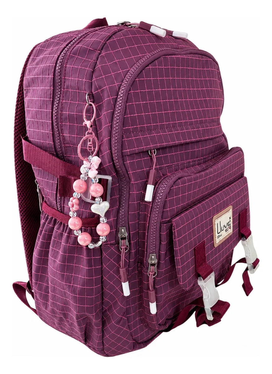 Mochila Escolar Juvenil Lluvia Magenta Diseño Cuadros