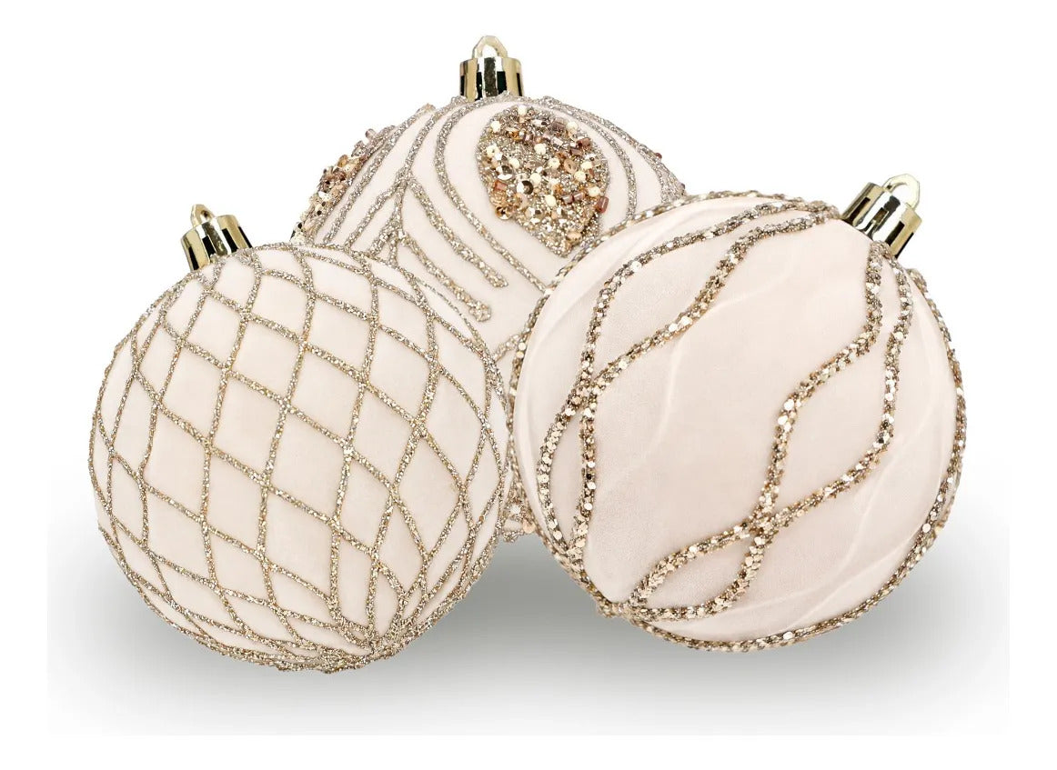 Esferas Navideñas lluvia Blanco Perla Glitter Dorado 8 Cm