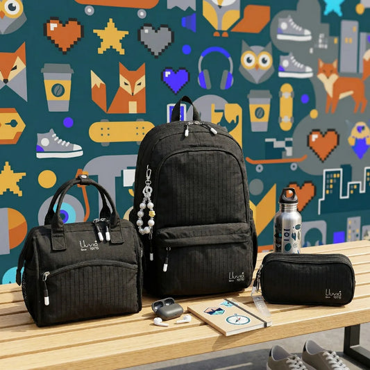 Set 3 Piezas Lluvia Negro Plata Mochila Lonchera Lapicera