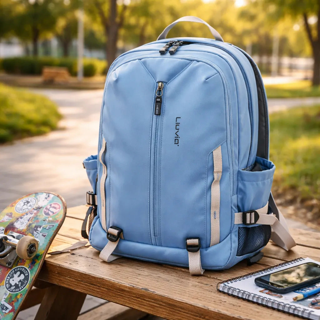 Mochila Lluvia Azul Moderna Satinada Con Correas Laterales