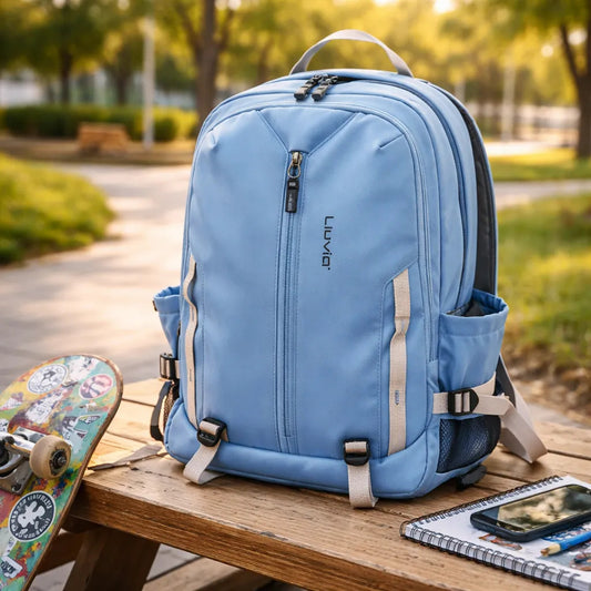 Mochila Lluvia Azul Moderna Satinada Con Correas Laterales
