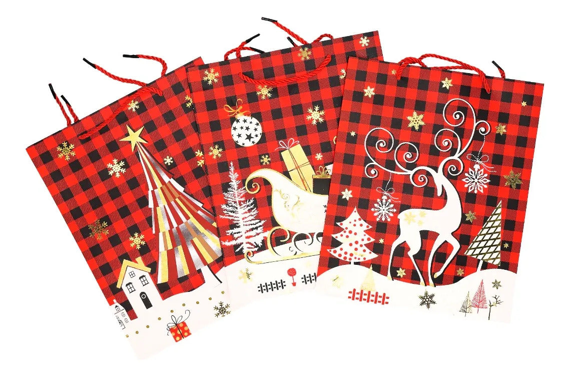 Bolsas de Regalo Navideñas Lluvia Reno y Trineo 12 Pzas 32cm
