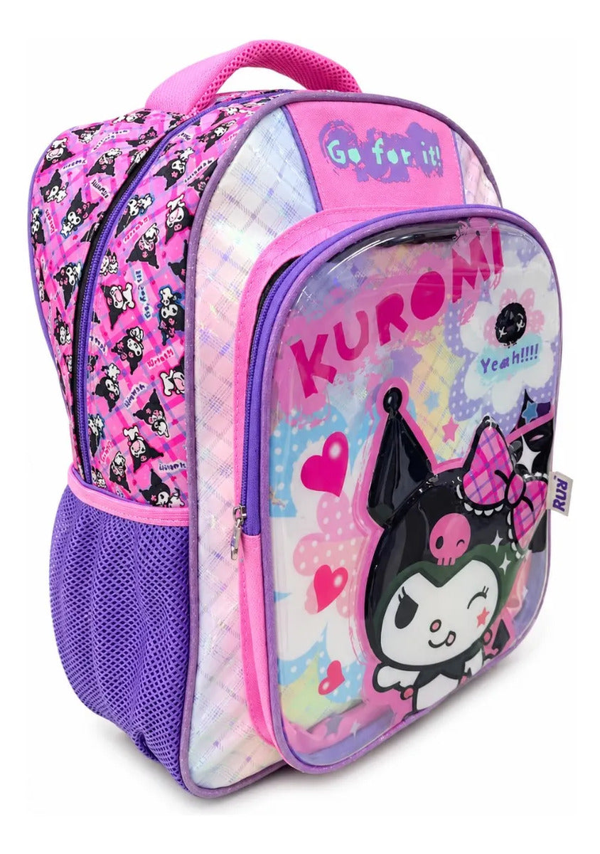 Mochila Escolar Kuromi Ruz Negra Rosa Con Bolsas Laterales