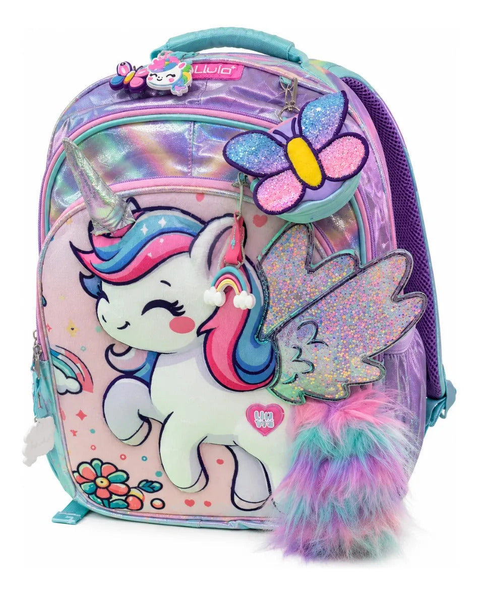 Mochila Escolar Unicornio Lluvia Tornasol Mariposa Monedero