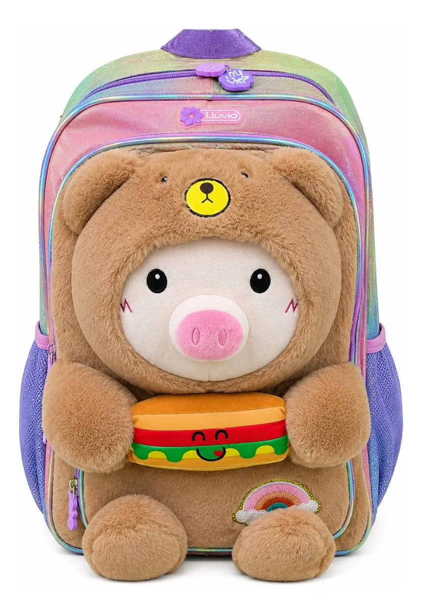 Mochila Escolar Kinder Lluvia Osito Marrón Peluche Tornasol