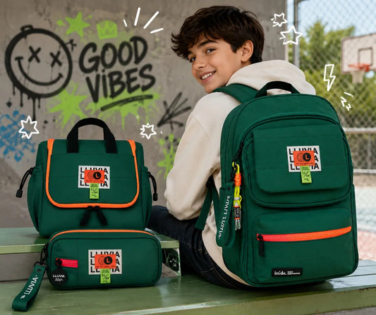 Set Escolar Tres Piezas Lluvia Verde Esmeralda Con Naranja