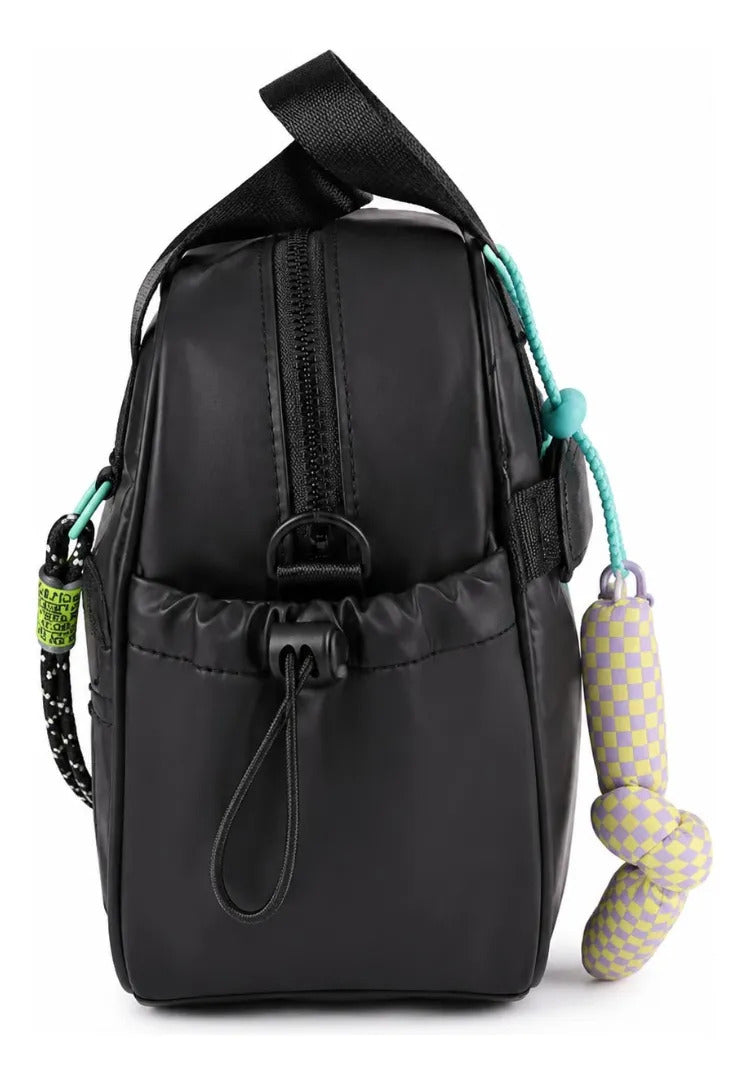 Lonchera Lluvia Negra Diseño Puffy Con Cordón Multicolor
