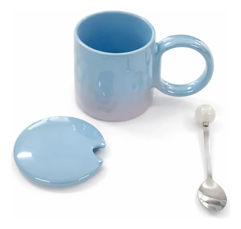 Taza Tornasol De Cerámica Con Tapa Y Cuchara Metalica 380 Ml
