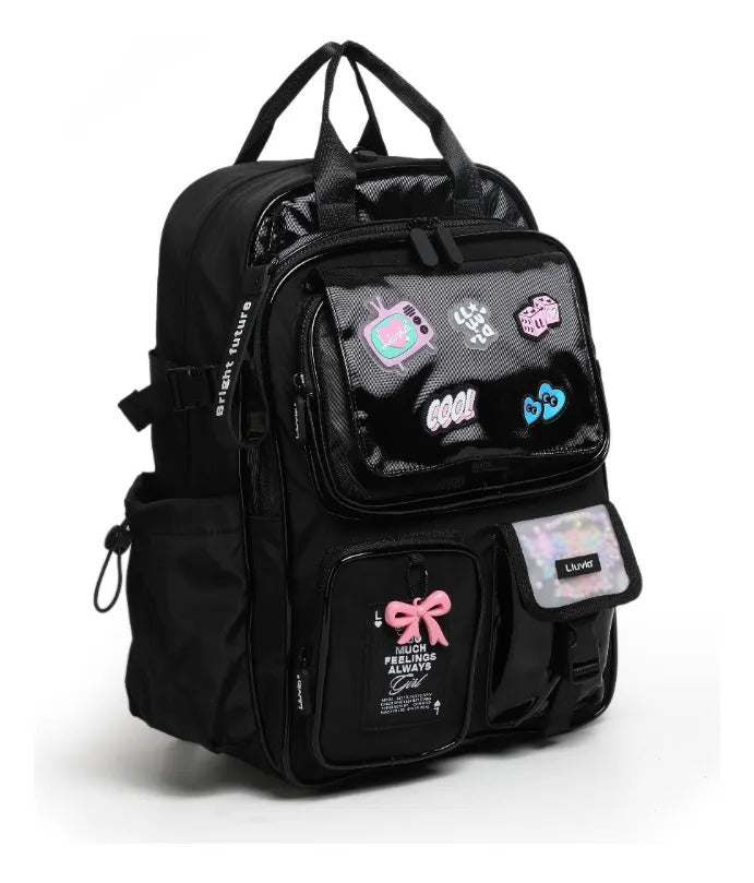 Mochila Lluvia Juvenil Negra Satinado Estilo Kawaii Urbana