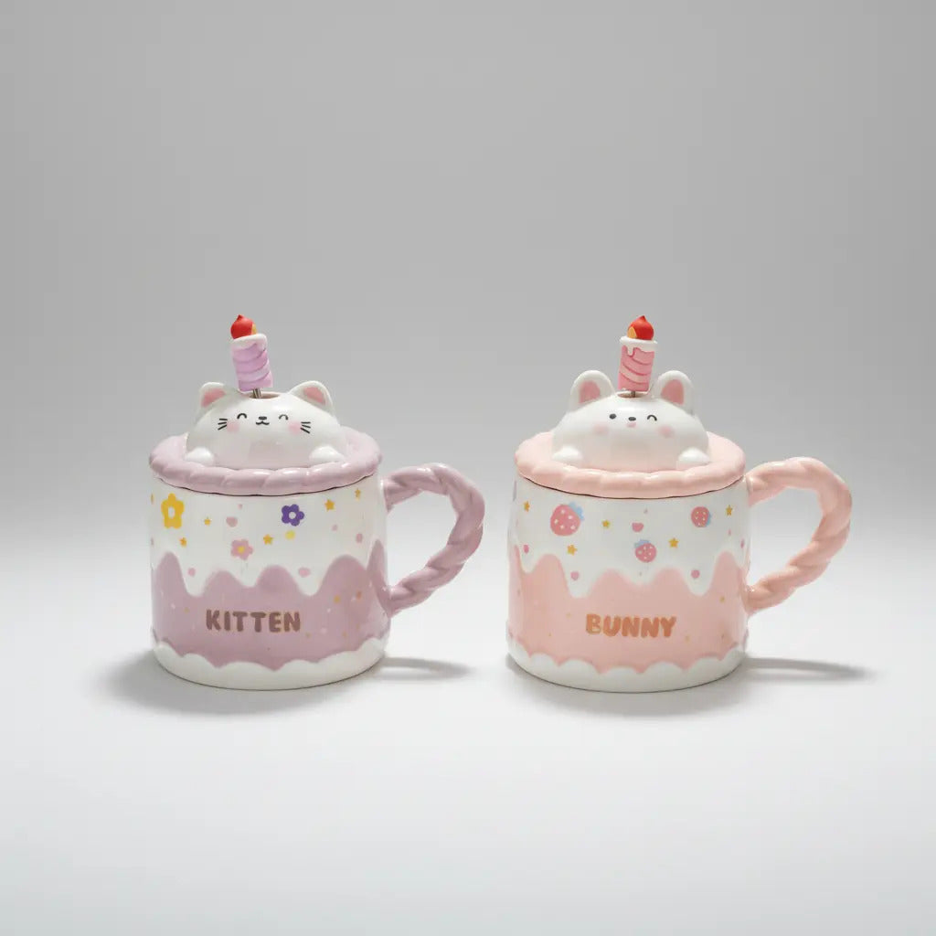 Taza Kitten Y Bunny De Cerámica Con Tapa Y Aguitador 400 Ml