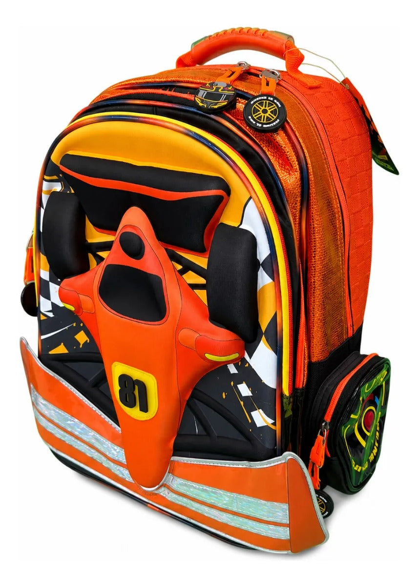 Mochila Escolar Lluvia Naranja Racing Con Organización