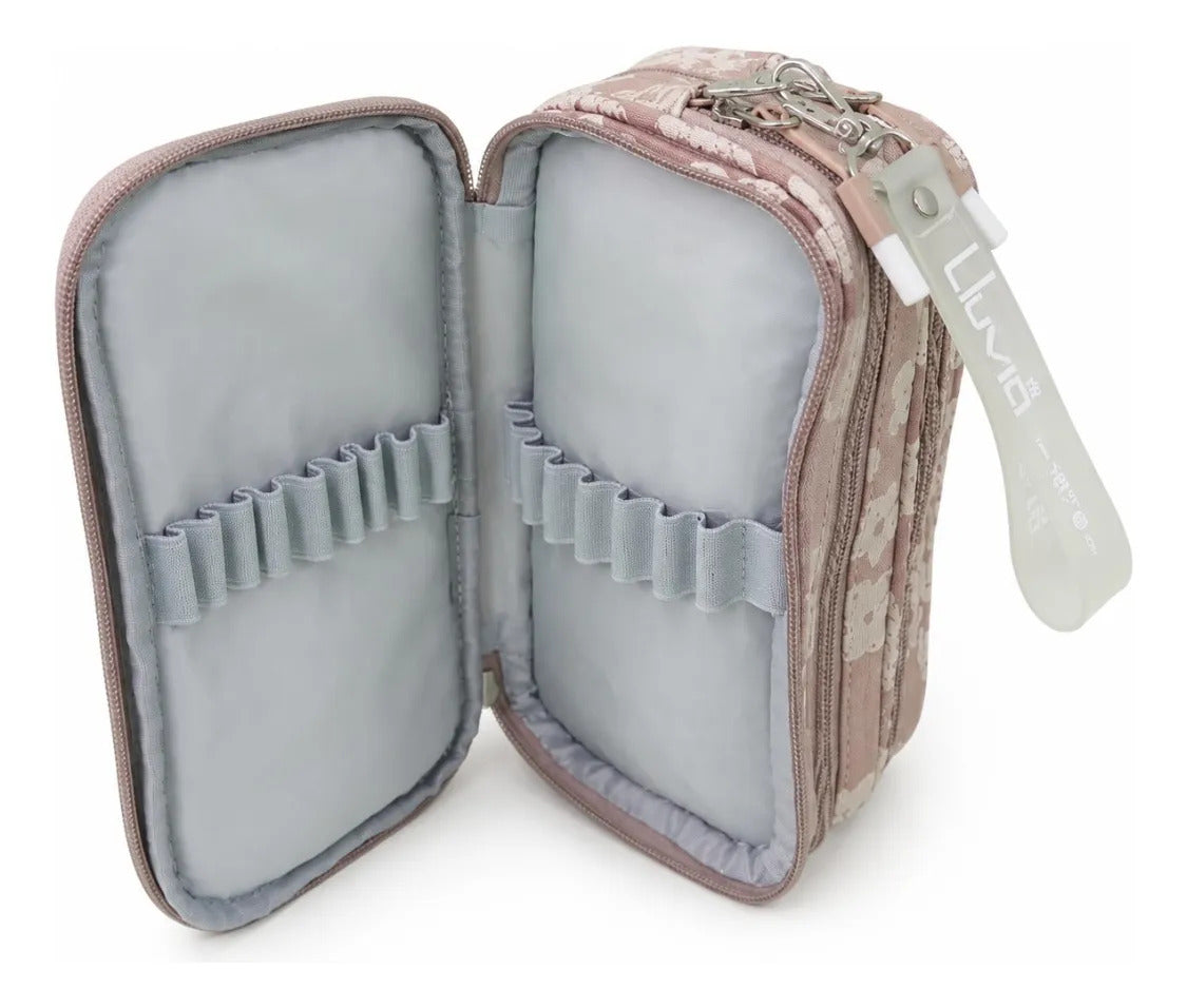 Lapicera Lluvia Rosa Vintage Floral En Relieve Triple Cierre