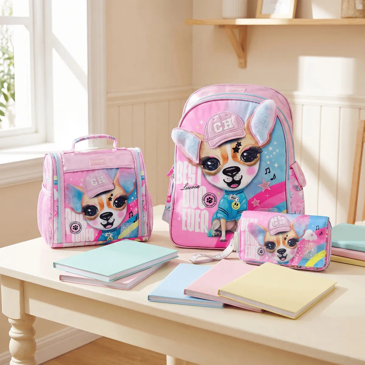 Set Mochila Lluvia Rosa Perrito Chihuahua Tres Piezas