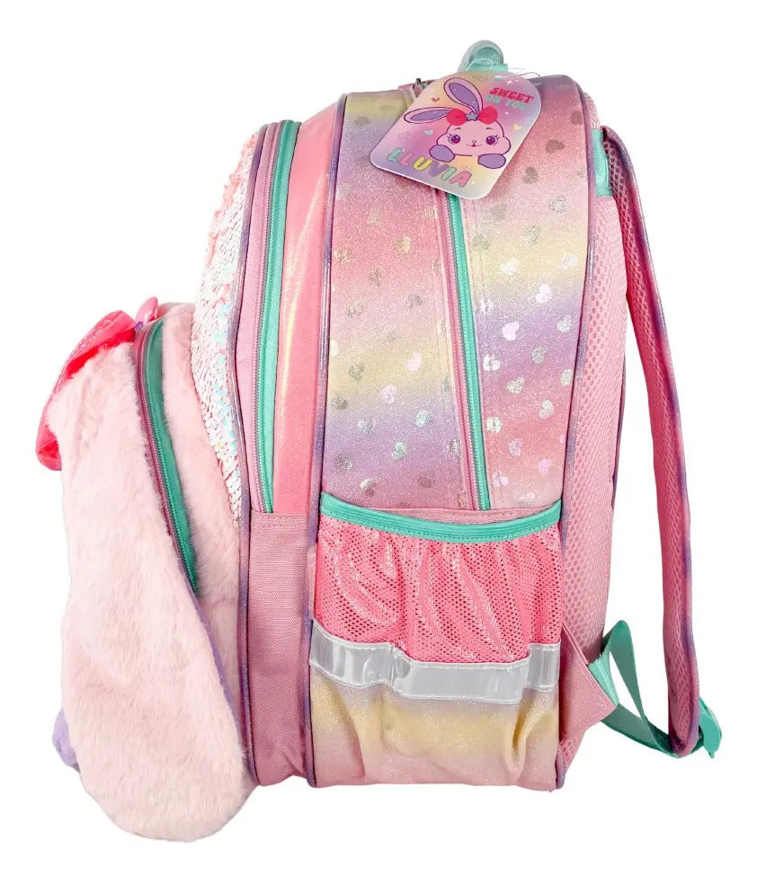 Mochila Escolar Lluvia Conejita Lentejuelas Rosa 20l Correas Ajustables