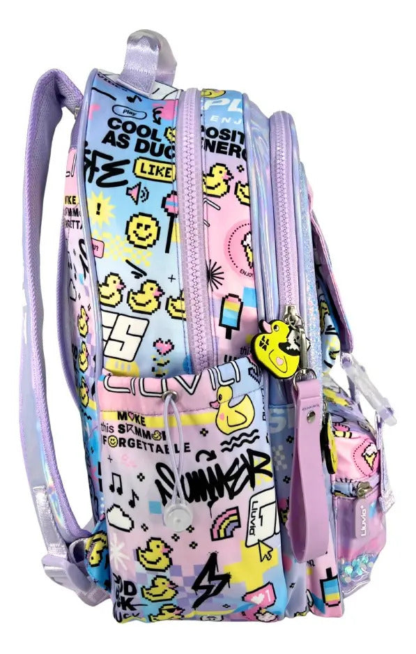Mochila Escolar Lluvia Lavanda Primaria Con Pines Decorativos Patitos Geométrico
