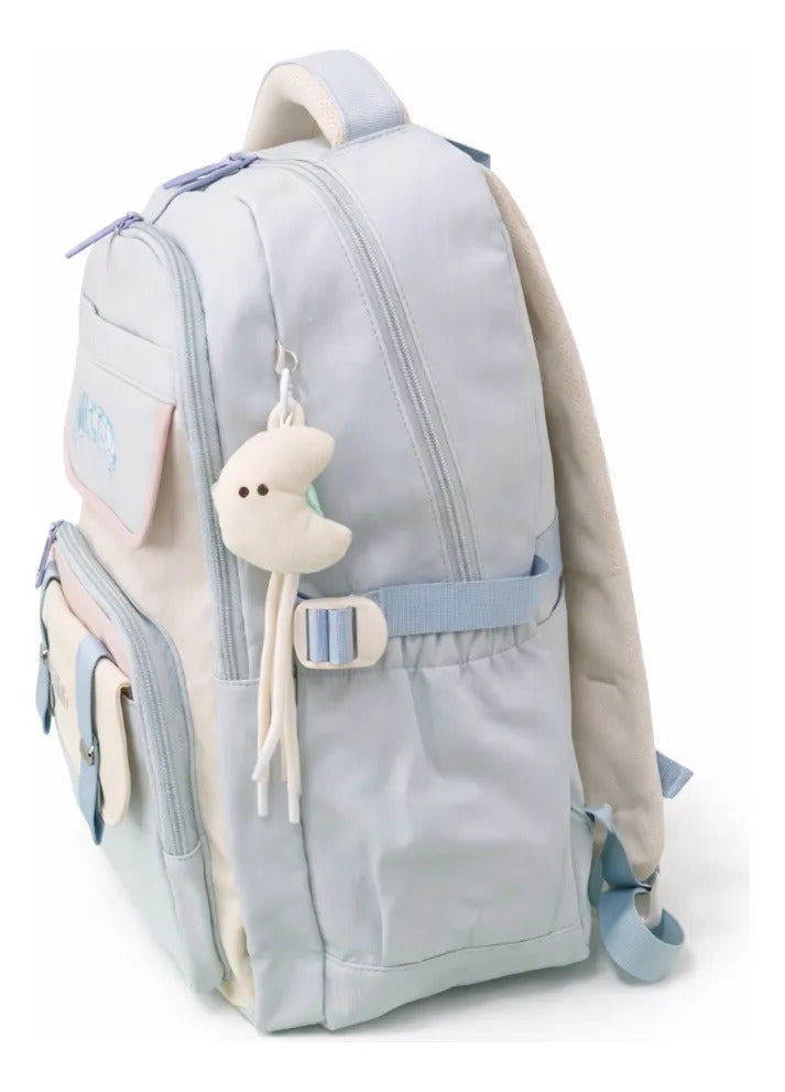 Mochila Juvenil Lluvia Azul Pastel Con Detalles Rosa Y Amarillo