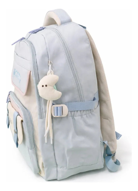 Mochila Juvenil Lluvia Azul Pastel Con Detalles Rosa Y Amarillo