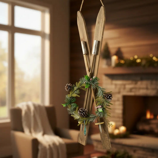 Figura De Esquís Navideños De Madera Con Piñas 74x1x9