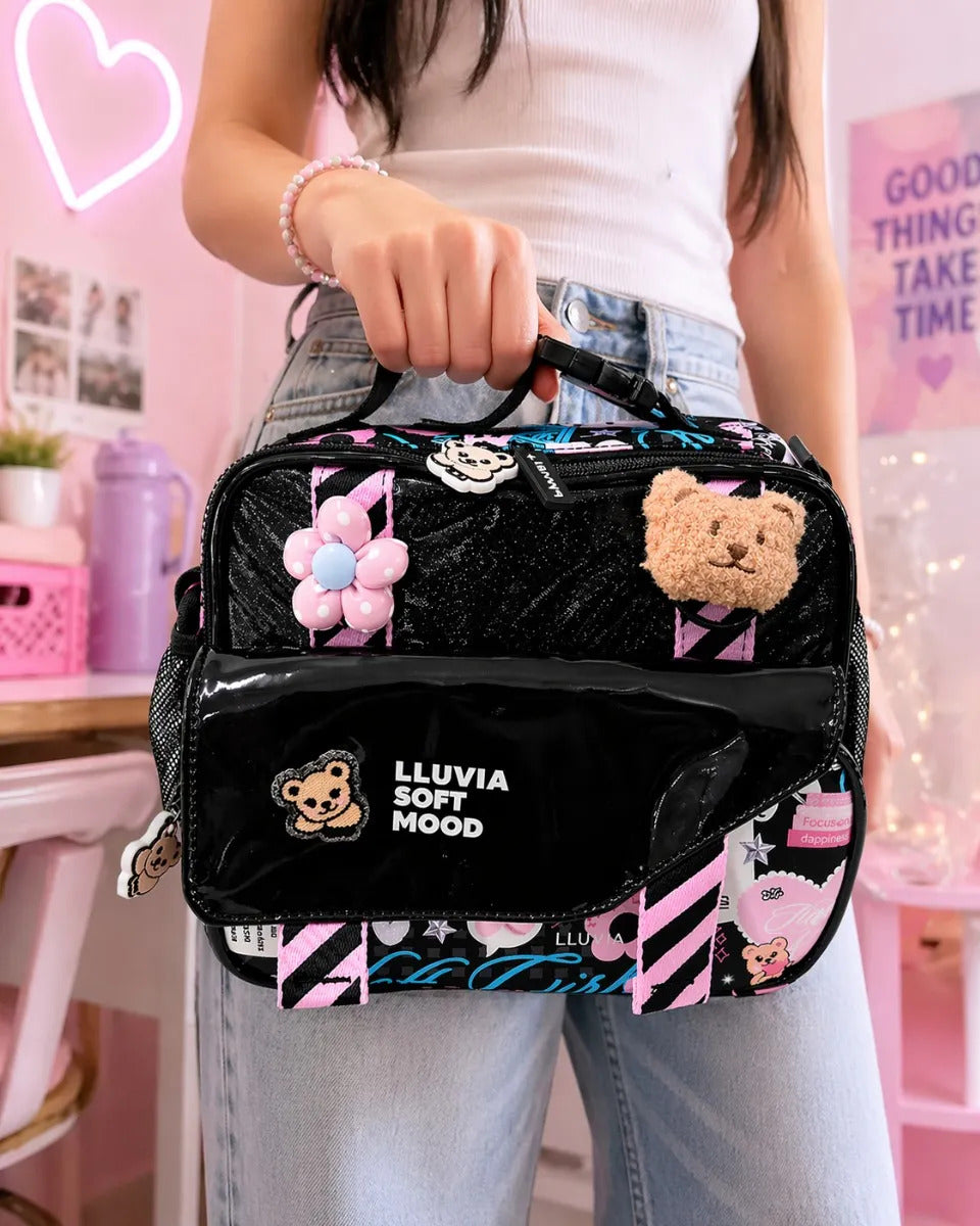 Lonchera Juvenil Lluvia Soft Mood Negra Con Detalles Rosas