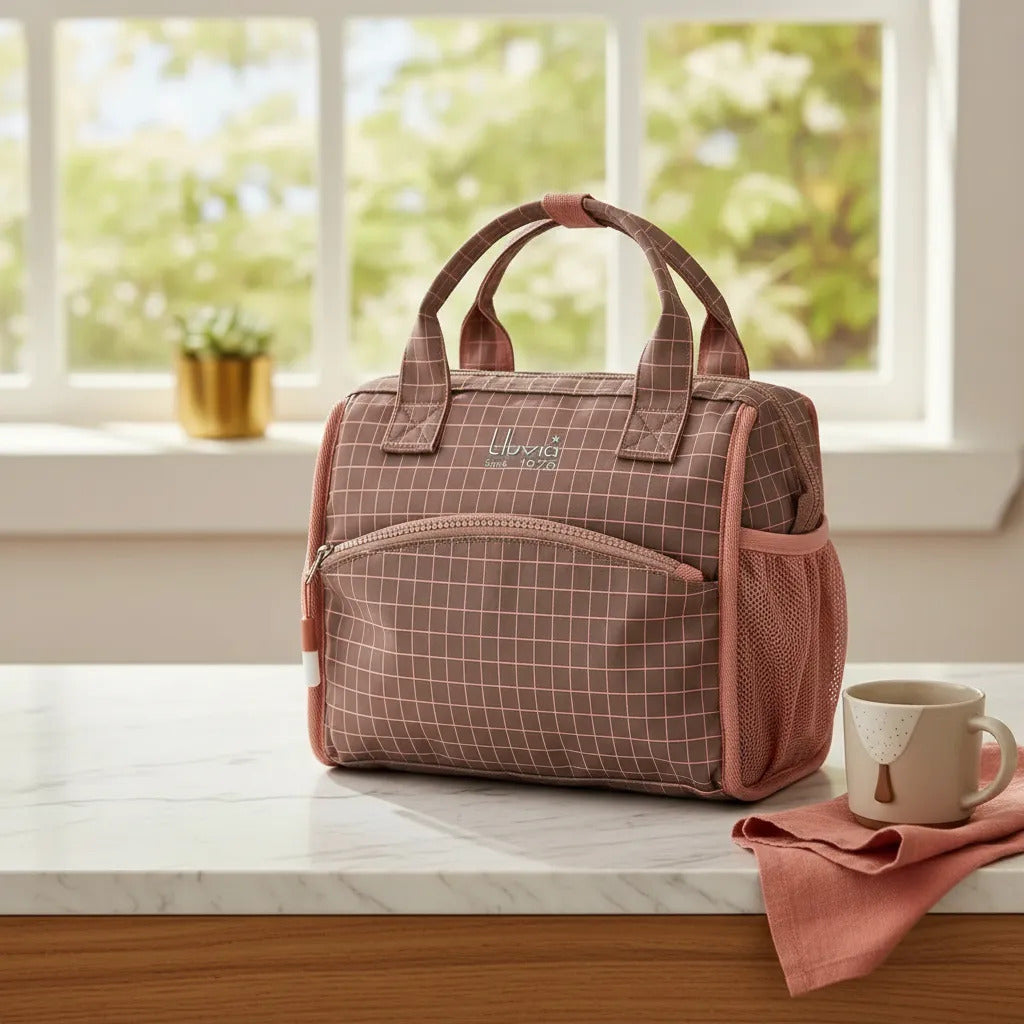Lonchera Lluvia Rosa Diseño Cuadriculado Unisex