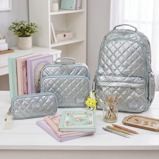Set Escolar Lluvia Verde Menta 3 Pzas Acolchado